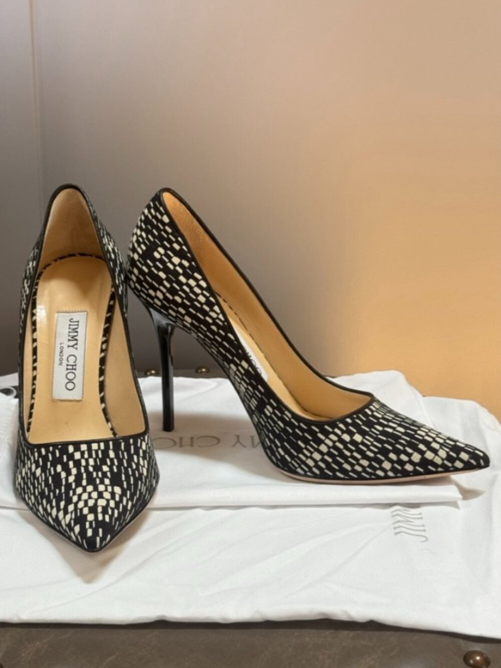 Jimmy Choo ANOUK 120 Black and White Ivory Patterned Pumps